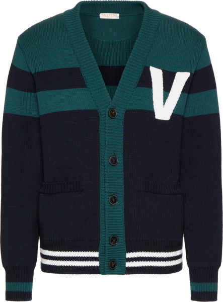 Valentino Navy And Green V Patch Cardigan