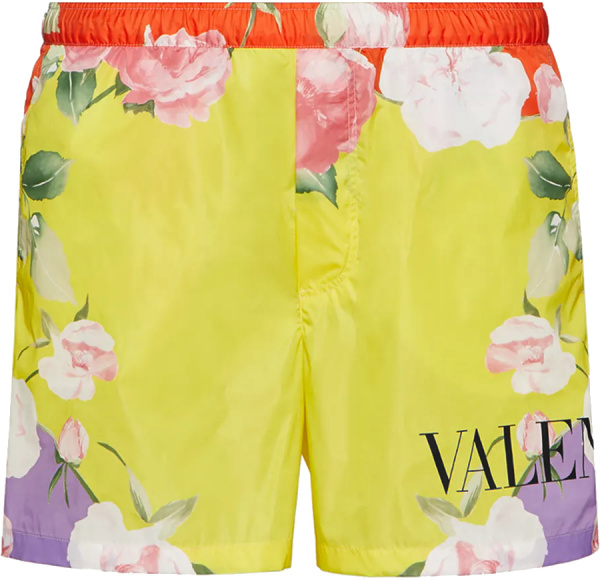 Valentino Yellow And Multicolor Flying Flowers Logo Swim Shorts