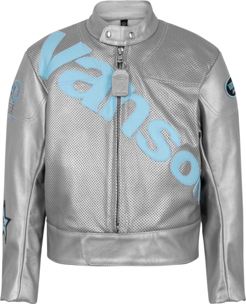 Vanson Leather Silver And Light Blue Leather Jacket