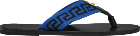 Versace Black And Blue Greca Key Strap Thong Sandals