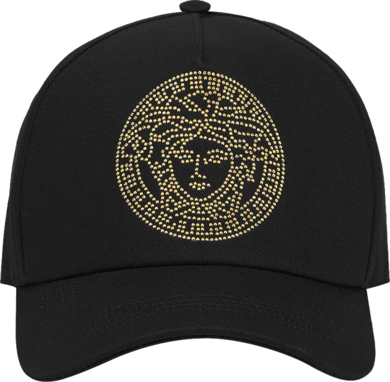 Versace Black And Gold Rhinestone Medusa Logo Hat