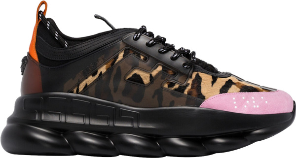 Versace Black Leopard Pony Hair And Pink Suede Chain Reaction Sneakers