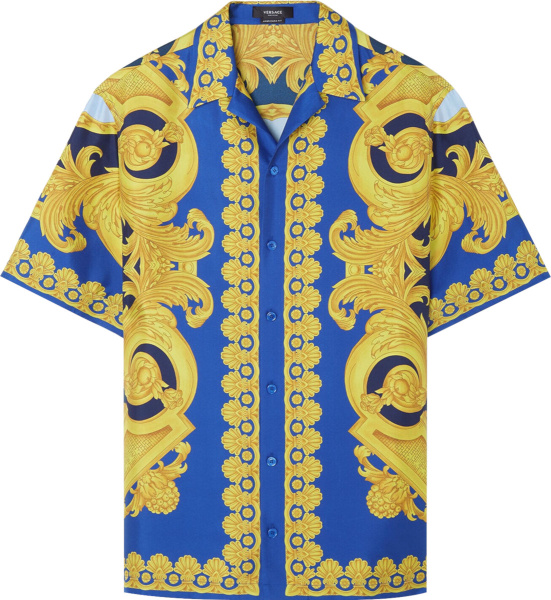Versace Blue And Gold Barocco 660 Silk Shirt