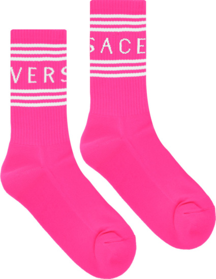 Versace Hot Pink And White 90s Logo Socks