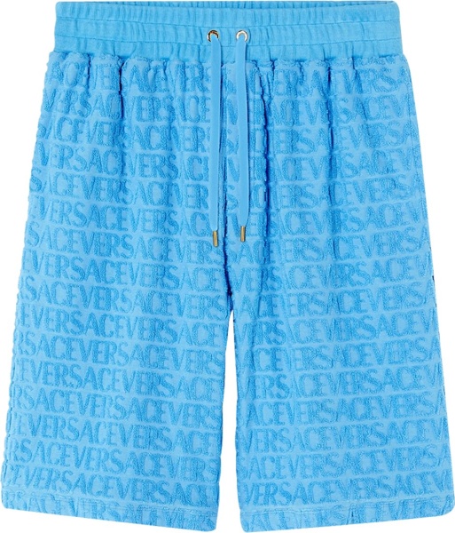 Versace Light Blue Allover Logo Terry Cotton Shorts