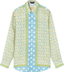 Versace Light Blue And Allover Yellow Logo Linen Shirt