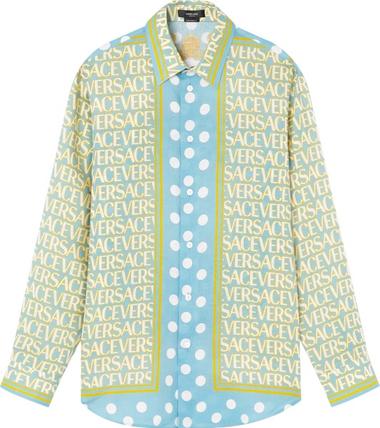 Versace Light Blue And Allover Yellow Logo Linen Shirt