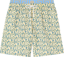 Versace Light Blue And Allover Yellow Print Swim Shorts