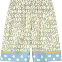 Versace Light Blue And Yellow Logo Silk Shorts
