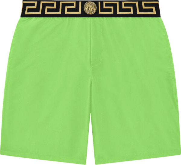 Versace Neon Green And Black Greca Key Swim Shorts