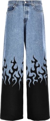 Vetements Light Wash Blue Denim And Black Flame Print Baggy Flared Jeans