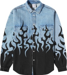 Vetements Light Wash Blue Denim And Black Flame Print Shirt