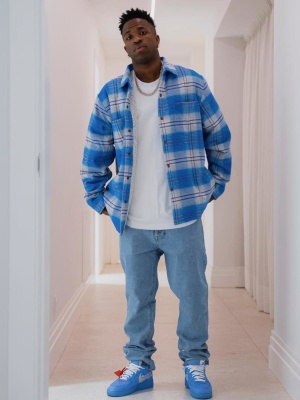 Vini Jr Wearing A Surpeme Blue Flannel Shirt Light Wash Jeans And Nike X Off White Sneakers