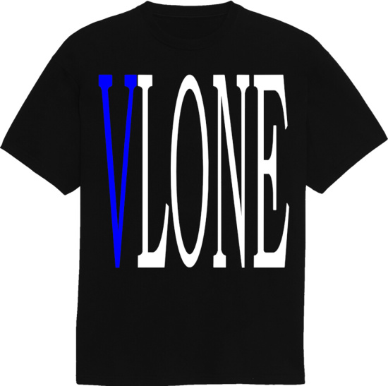 Vlone Blue And White Print Black T Shirt