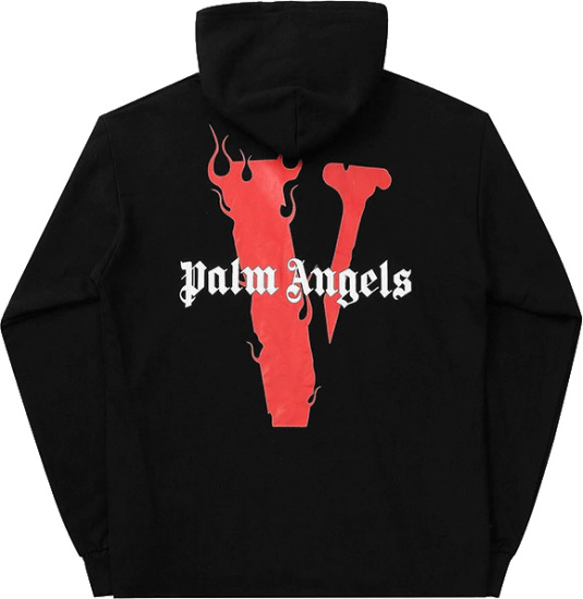 Vlone X Palm Angels Black And Red Flame Logo Hoodie