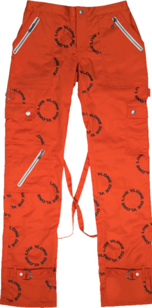 Vlone Orange And Allover Black Circle Logo Bondage Pants