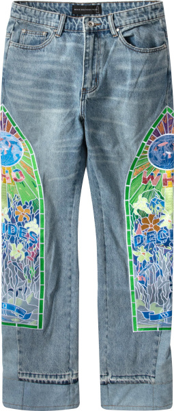 Who Decides War Blue Denim And Large Green Stained Glass Cowboy Jeans