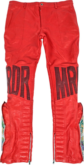 Who Decides War Red Leather Mrdr Logo Moto Pants