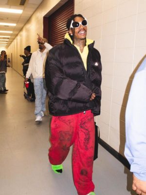 Wiz Khalifa Balenciaga Puffer Yellow Hoodie Red Sweatpants Green Slides