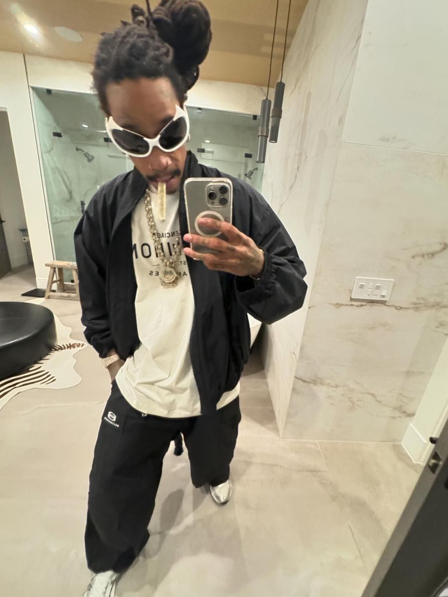 Wiz Khalifa: White Spiked Sunglasses, & a Balenciaga Logo Tracksuit