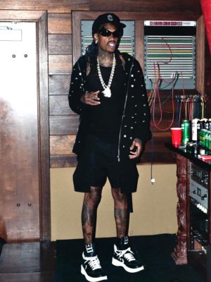 Wiz Khalifa Celine Logo Hat Balenciaga Spike Sunglasses Black Snap Zip Hoodie Black Cargo Shorts Converse Sneakers