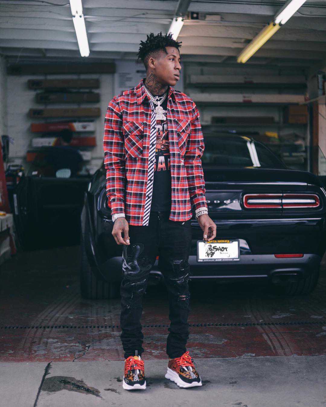 YoungBoy NBA ft. Off-White Flannel, Amiri Jeans, Versace Sneakers & Merch  Tee