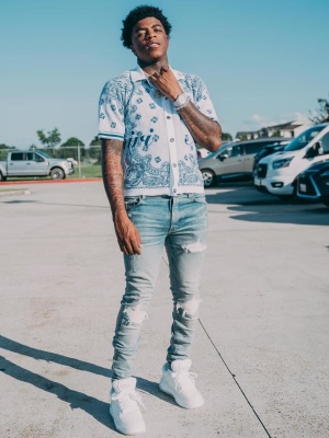 Yungeen Ace Wearing An Amiri Bandana Polo Suede Mx1 Jeans And Amiri Sneakers